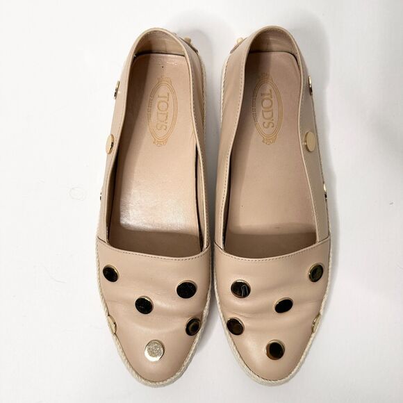 TOD'S Gommino Espadrille Driving Shoes Women 38.5 Beige Gold Loafers Leather - Picture 1 of 11